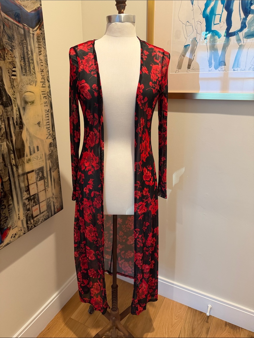 Windsor Black Long Sheer Duster with Red Floral Print